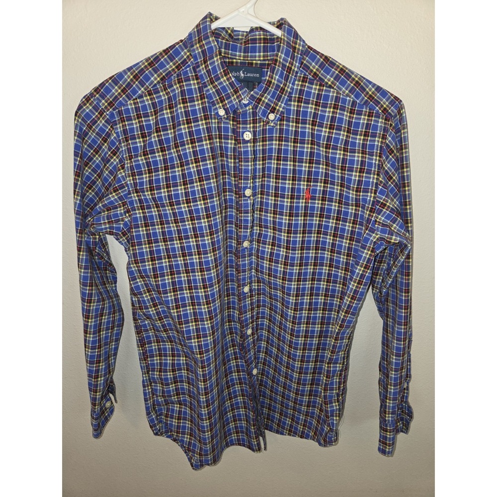 Polo Ralph Lauren Shirt‎ Women Large 18 Red Blue Plaid LS Button Up USA Made Vtg